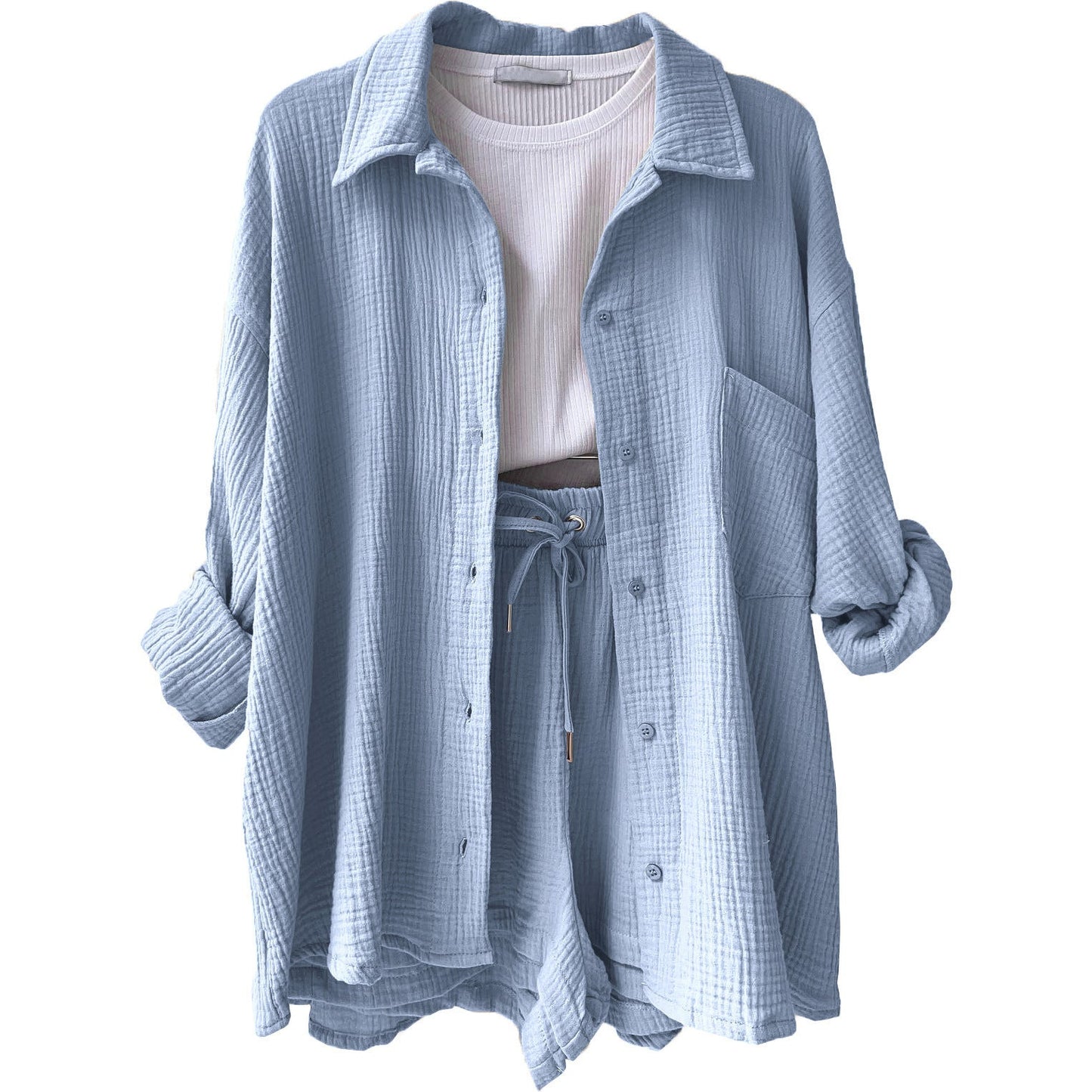Women's Wrinkled Fabric Lapel Long Sleeved Shirt Shorts Fashion Casual Set -