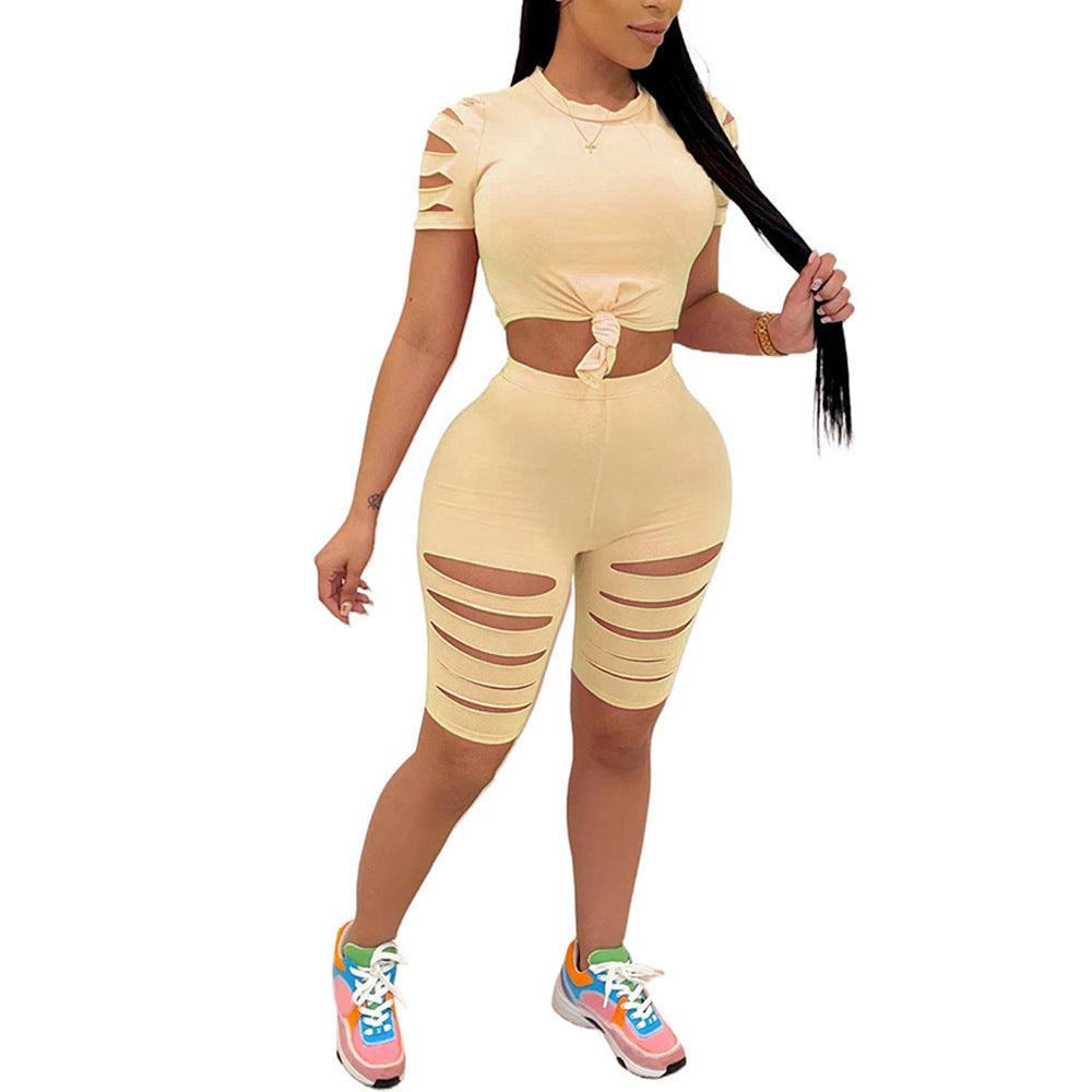 Fashion Casual Sports Suit Broken Hole Women Clothing -