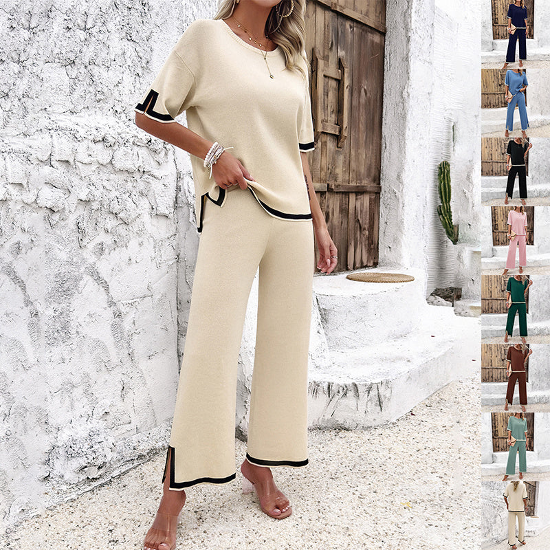 Set Feminin din 2 Piese: Tricou Fentă + Pantaloni Largi -