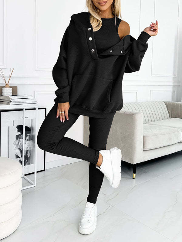 3pcs Women's Sports Suit Loose Hooded Pockets Sweatshirt And Vest And Slim Trousers -