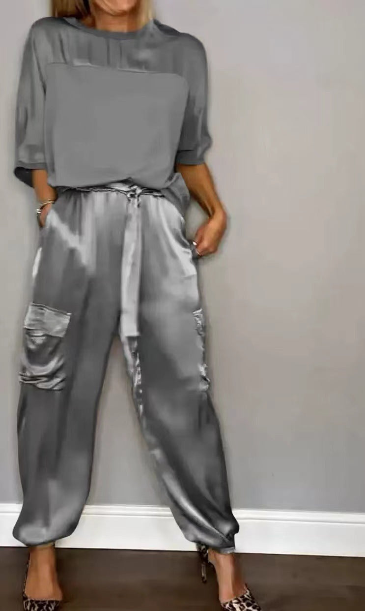 Fashion Women's Smooth Satin Half Sleeve Top Blouse And Pants Two-piece Set -