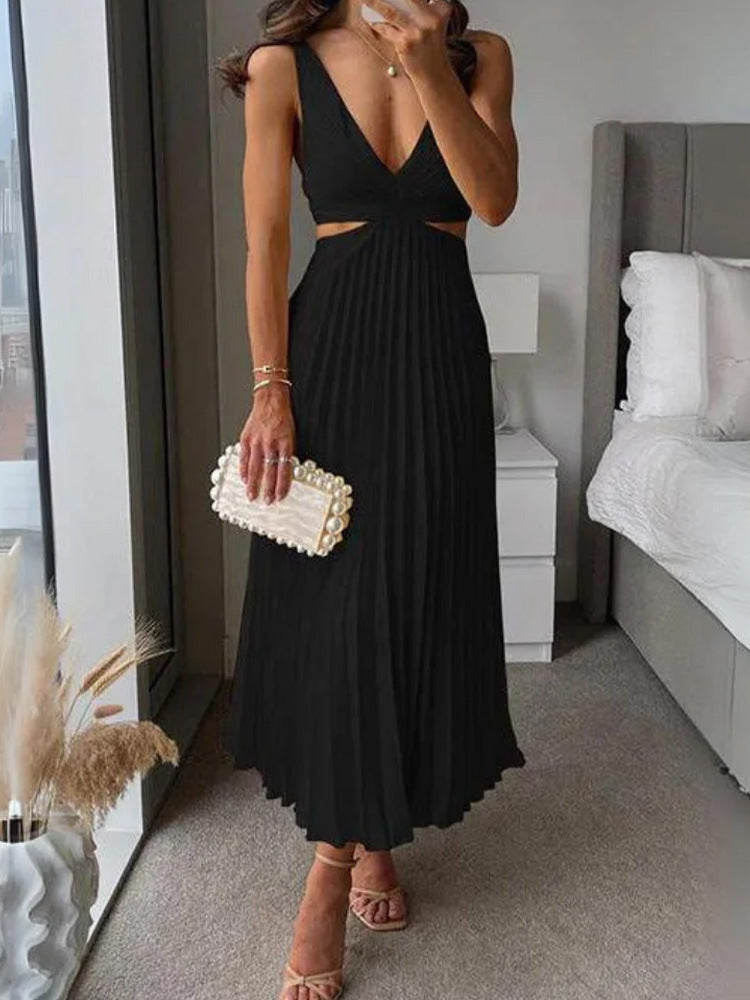 Rochie de Vară cu Curele, V-Neck - Talie Decupată, Spate Liber -