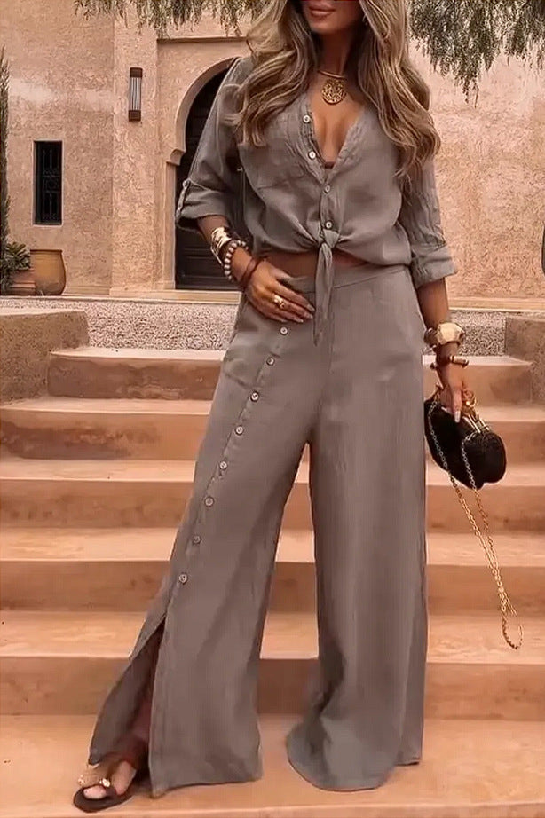 Lady Temperament Lapel Cardigan Split Button Solid Color Suit -