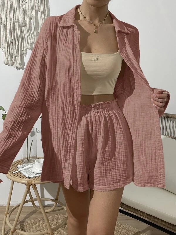 Women's Fashion Solid Color Shirt Casual Shorts Two-piece Set -