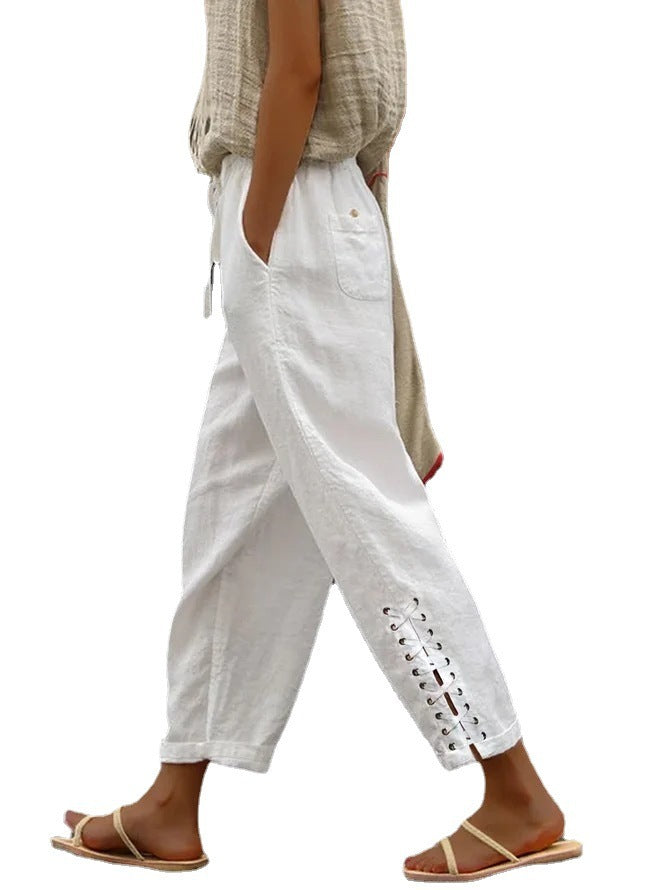 Cotton Linen Solid Color Pocket Sweet Stitching Casual Pants -
