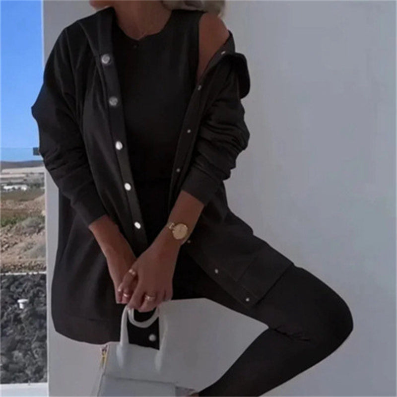 Women's Fashion Sports And Leisure Hooded Sweater Vest Pants Three-piece Set -
