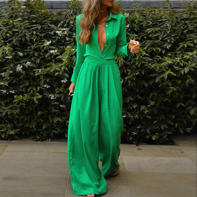 Women's Autumn And Winter Fashion Solid Color Shirt And Pants Set -