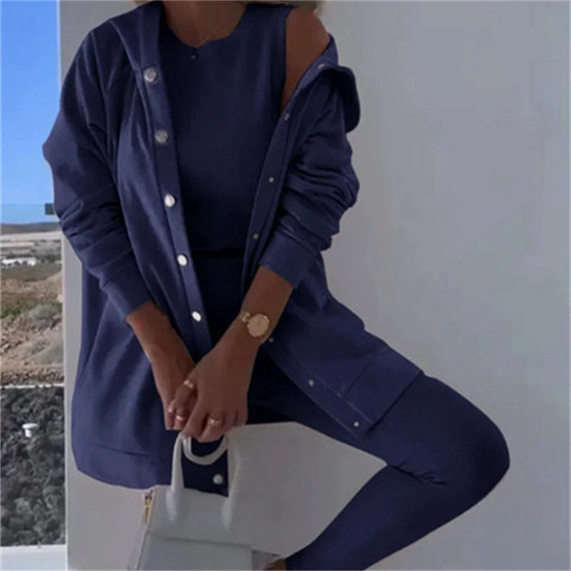 Women's Fashion Sports And Leisure Hooded Sweater Vest Pants Three-piece Set -
