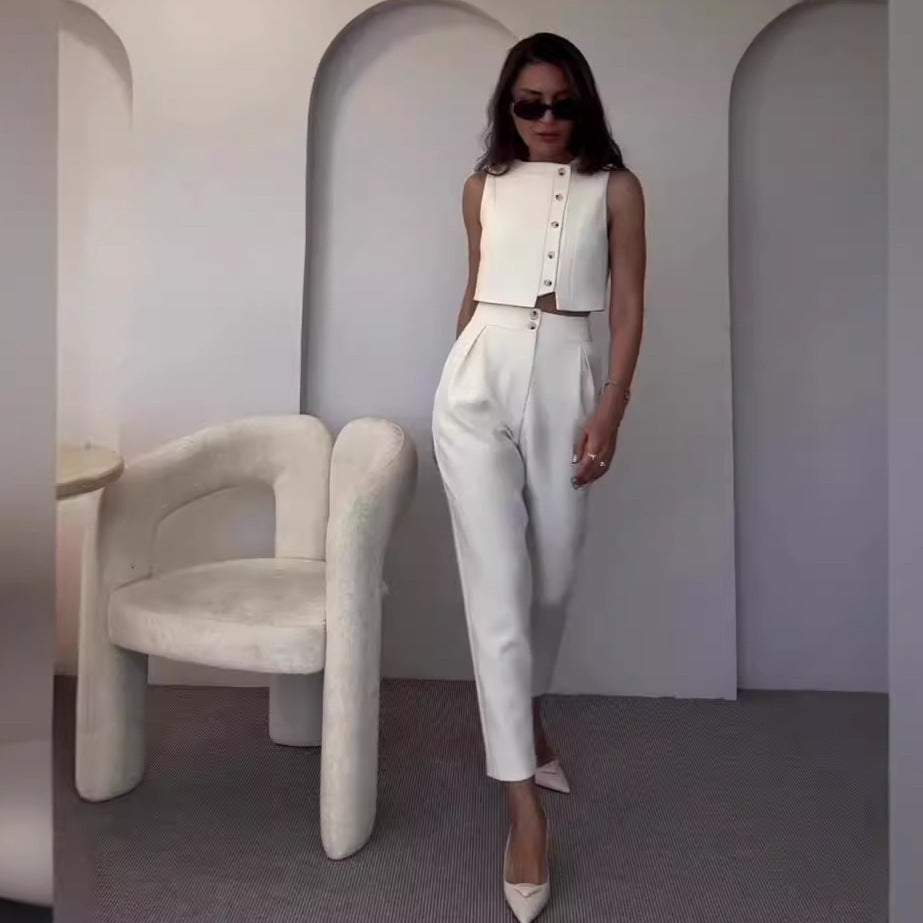 Sleeveless Vest Top High Waist Straight Pants Solid Color Two-piece Set -