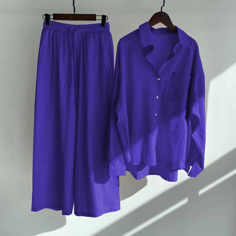 Cross-border Women's Ancient Cotton And Linen Shirt Outfit High Waist Loose Trousers -