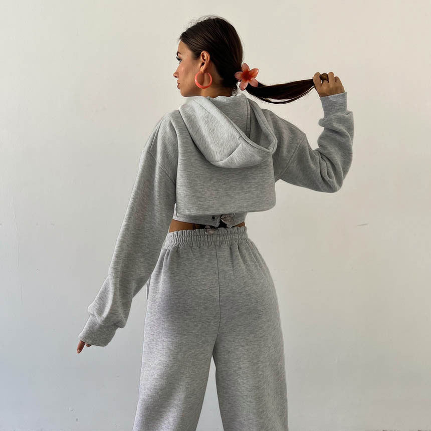 Gray Waist Hooded Short Sweater Ankle Banded Pants Three-piece Set -