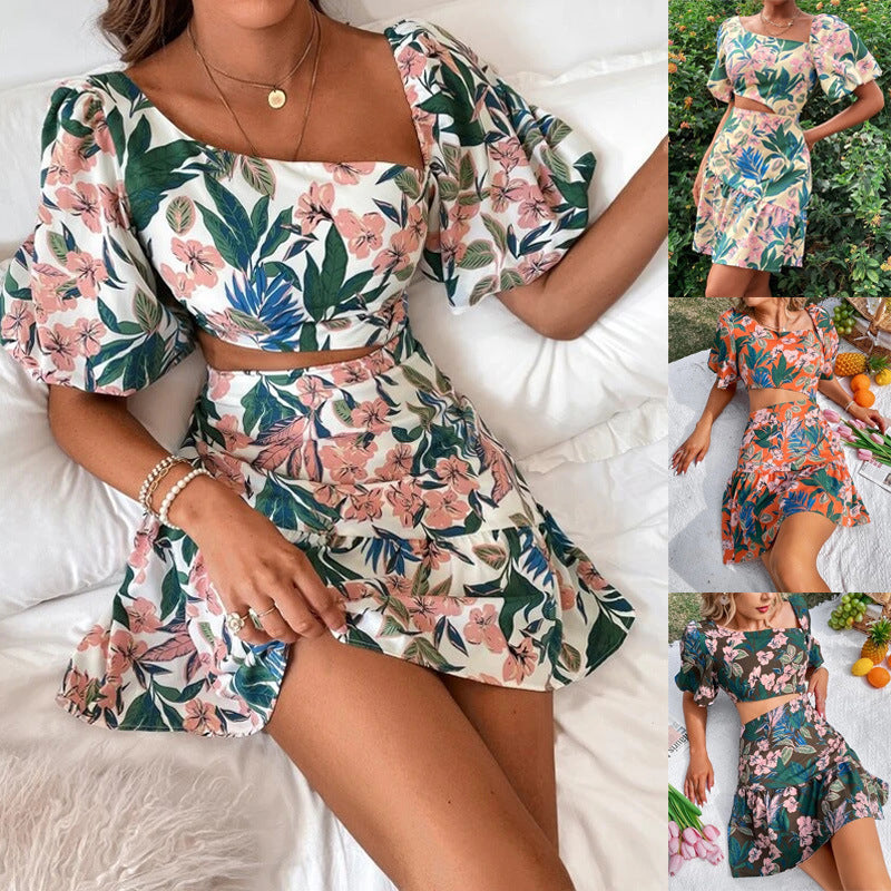 Women's Floral Short Sleeve Dress Two Piece Set -