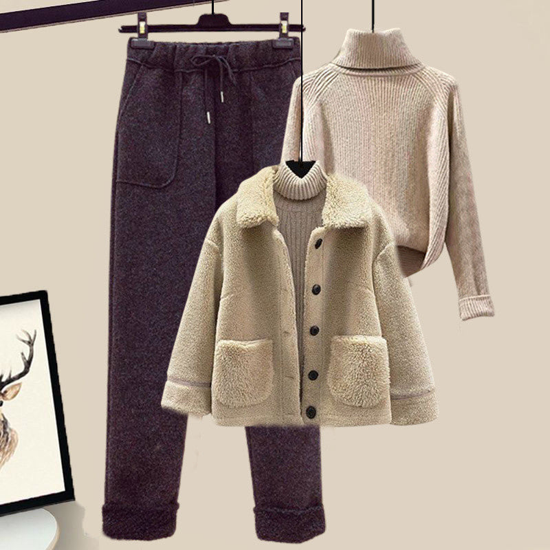 Lamb Wool Fur Sweater Casual Pants Three Piece Set Fashion Suit Women -