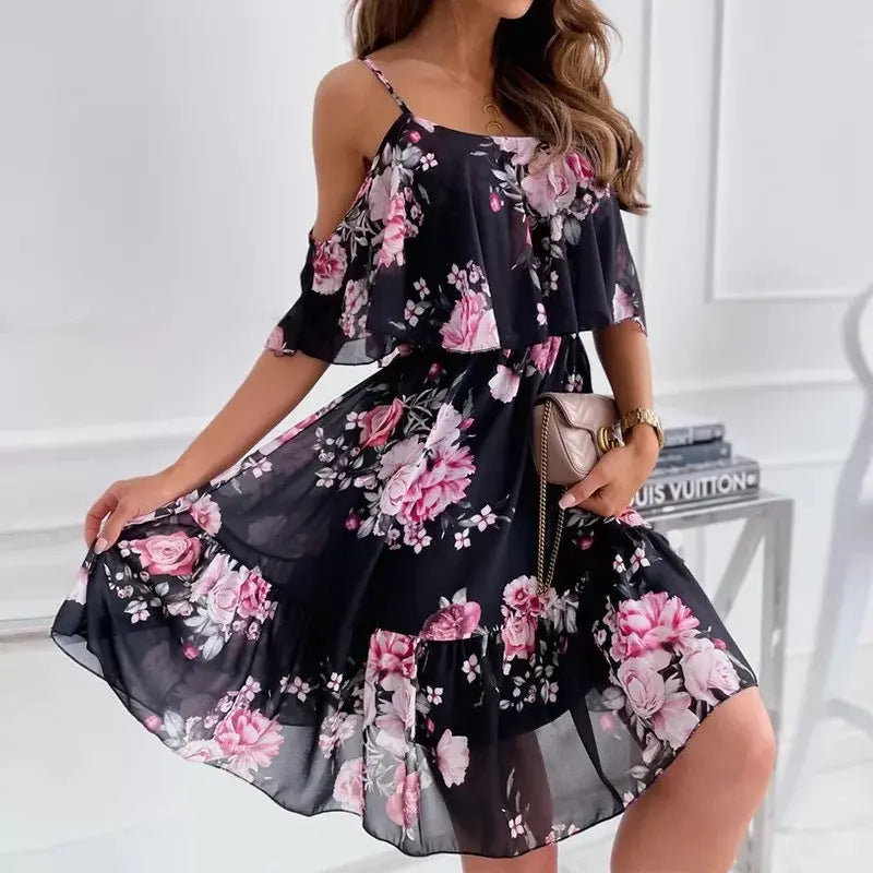 Rochie Vară Off-Shoulder Volane - Bretele Suspender, Floral Romantic, Culori VII -