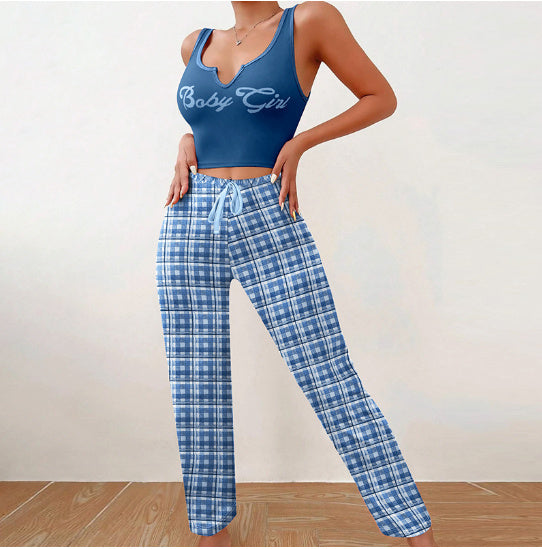 Spring Summer Women's Casual Pajamas Home Wear Vest Color Matching Plaid Trousers Letter Print Top Ladies 2 Pcs Home Clothes Sleepwear -