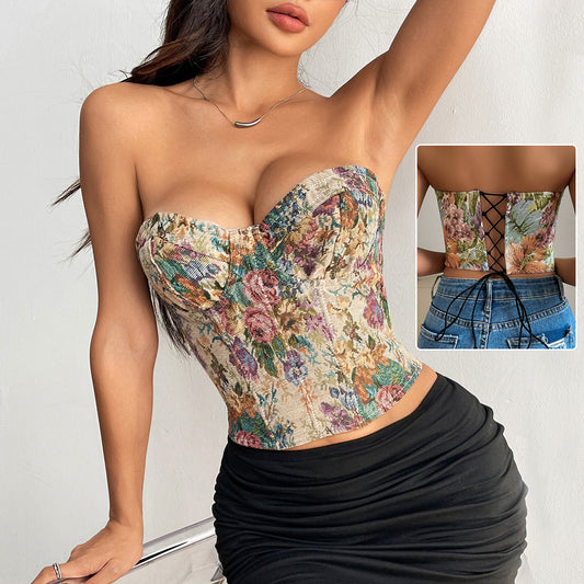 Y2K Floral Print Tube Vest Top With Back-tied Design INS Fashion Crop Corset Tank For Women Clothing -