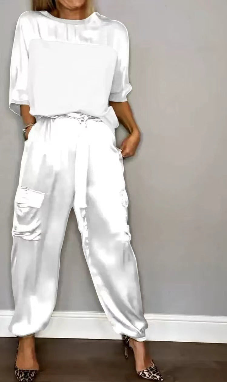 Fashion Women's Smooth Satin Half Sleeve Top Blouse And Pants Two-piece Set -