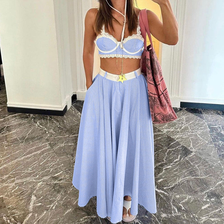 2 Pieces Lace Splicing Sling Vest High Waist Big Swing Skirt Fashion Blue Print Sets Spaghetti Strap Lace Bra And High Waisted Loose Pleated Skirts Sets -
