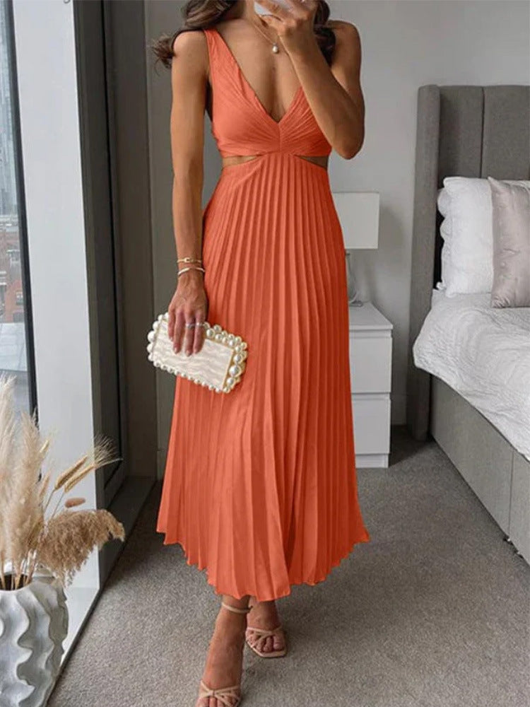 Rochie de Vară cu Curele, V-Neck - Talie Decupată, Spate Liber -