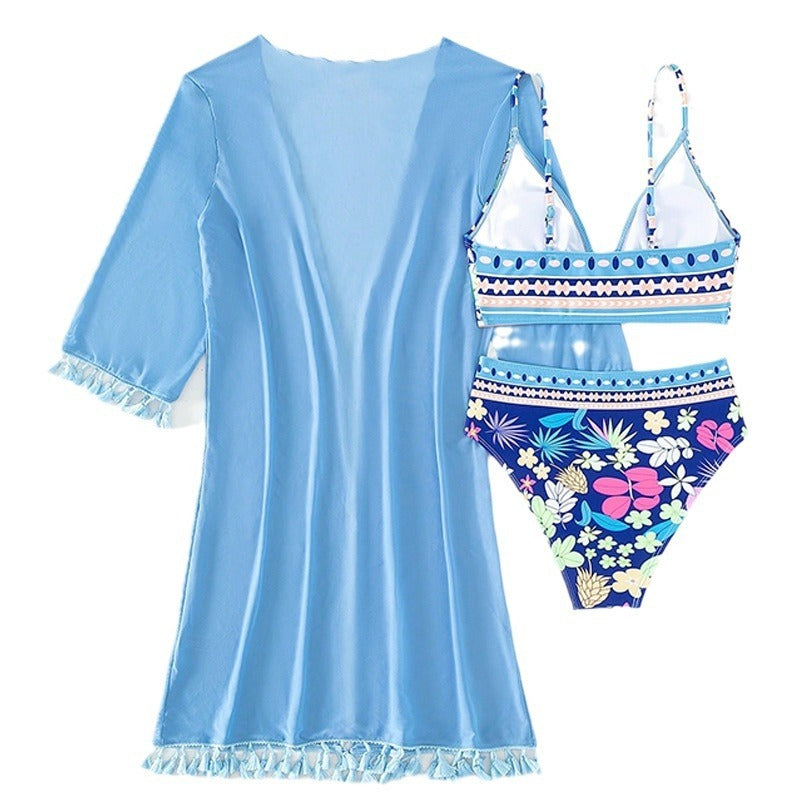 Printed Bikini Three-piece Swimsuit Mesh Sunscreen -