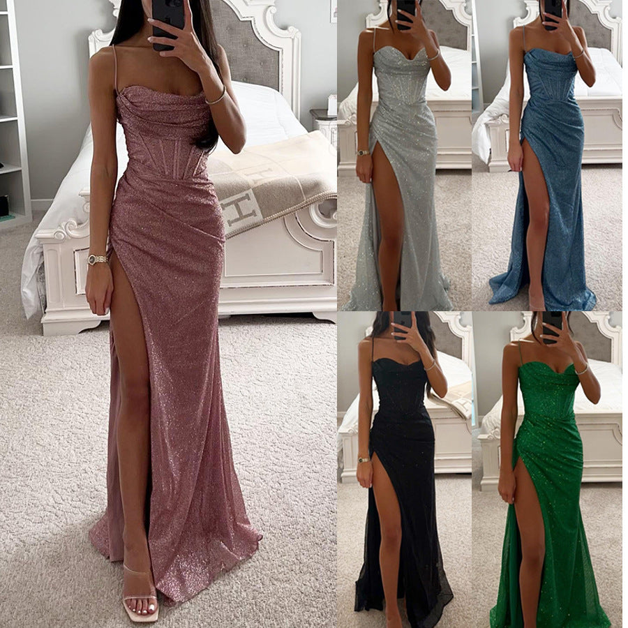 Rochie de Seară cu Curele - Decolteu V, Fentă Sexy, Lungă -