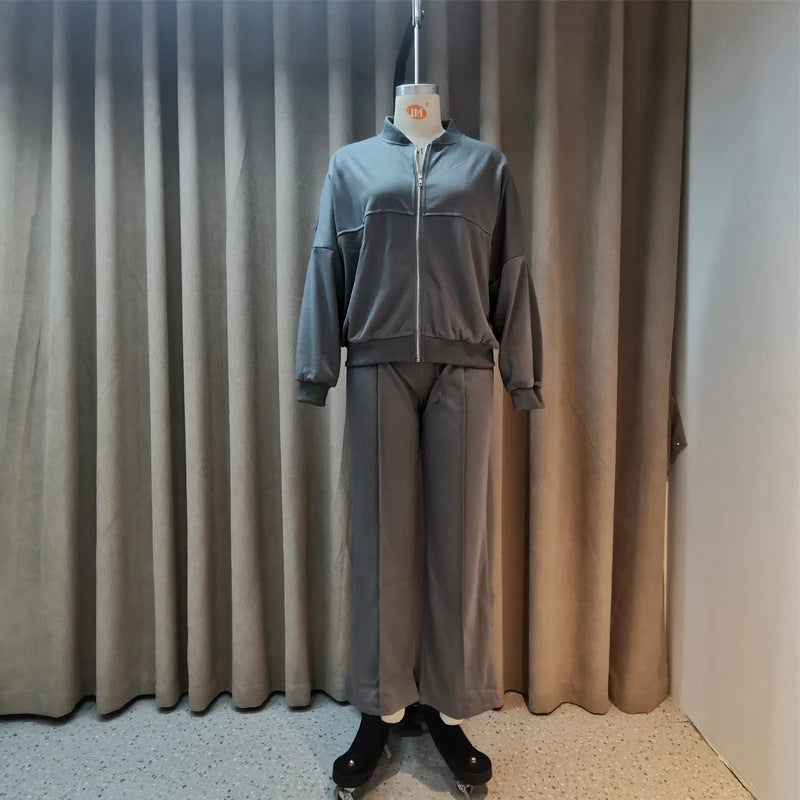 Solid Color Loose Zip Sweater Casual Versatile Trousers Suit -