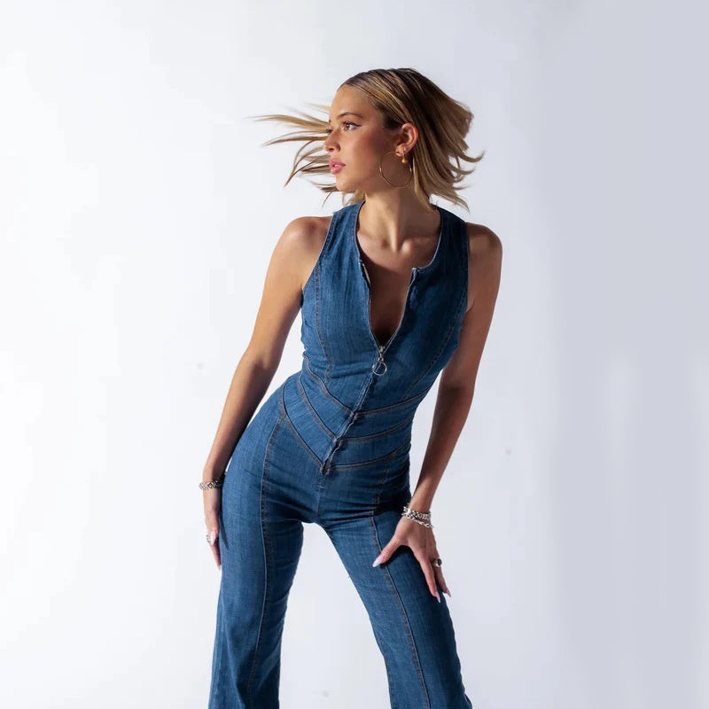Summer Slim Heart-shape Backless Denim Jumpsuit Women Halter Neck Zip Up High Waist Panst Retro Style Clothing -