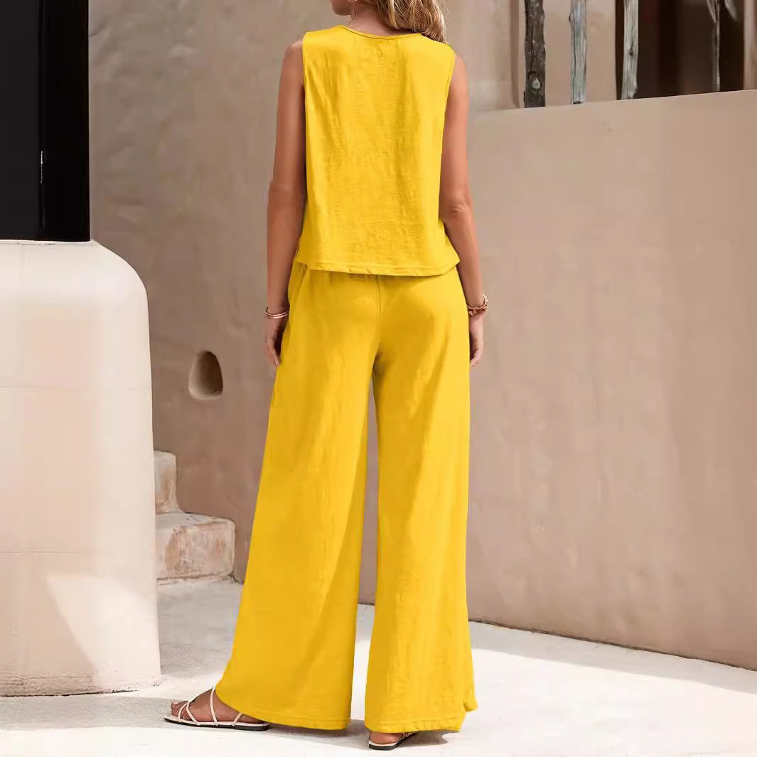 Solid Color Casual Loose Pants Sets For Women Elegant Spring Summer Women's Two Pieces Suit Full Trouser Set Female Outfit Clothes -