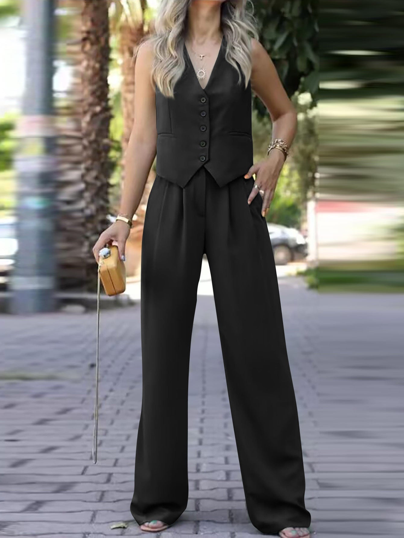 V-neck Sleeveless Waistcoat Vest Drooping Wide-leg Pants Suit -