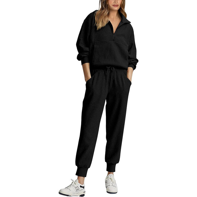 Fashion Casual Long Sleeve Half Zip Sweatshirt Two-piece Set -