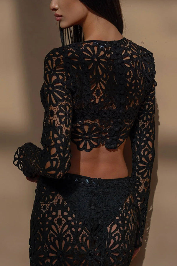 European And American Ladies Slim Fit Hollow-out Lace Tops Skirt Two-piece Suit -