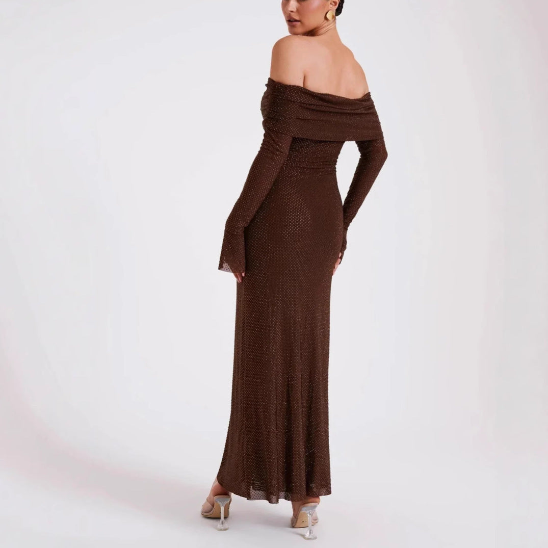 Sexy Luxury Strapless Long Sleeve Slim Rhinestone Noble Dress -
