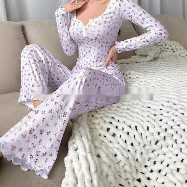 Small Floral Print Lettuce Edge Lace Collar Button Pajamas Suit -