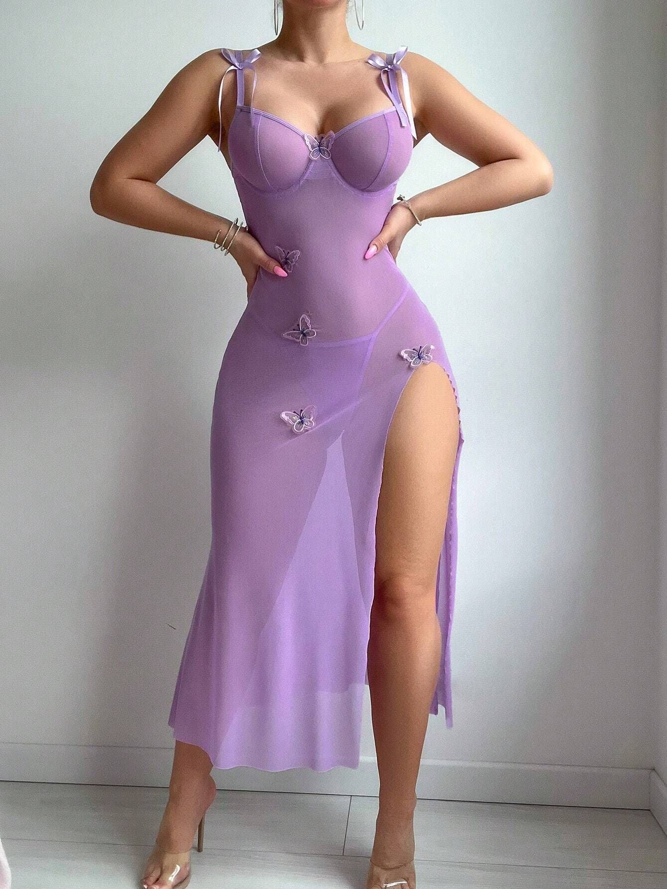 European And American Style Sexy Sheer Mesh Seduction Lace Backless High Slit Light Blue Sexy Sling Dress -