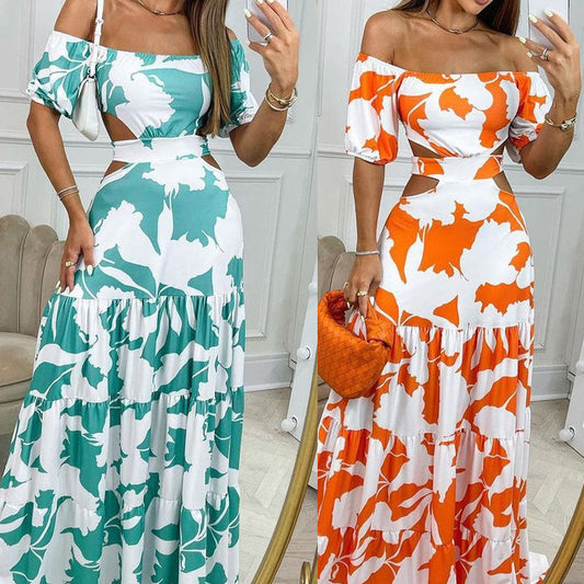 Off The Shoulder Print Cutout Lace Youth Cute Dress -