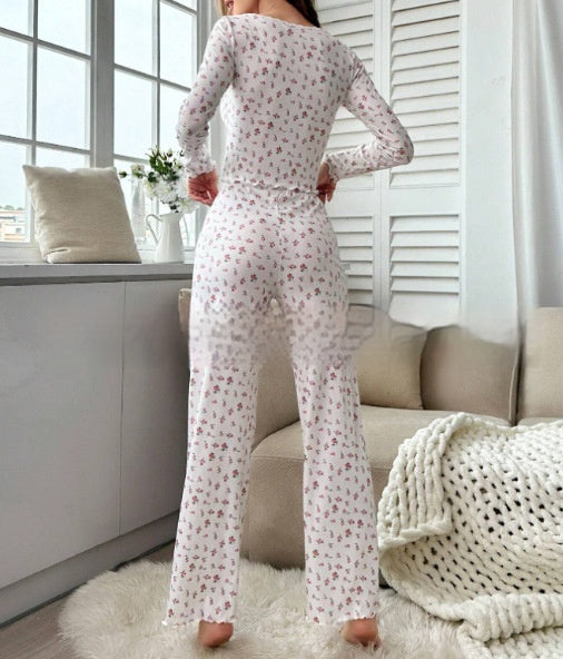 Small Floral Print Lettuce Edge Lace Collar Button Pajamas Suit -