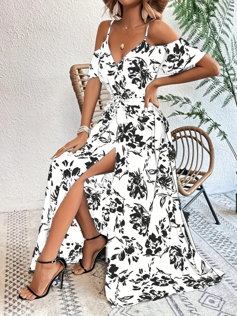 Ins Off-Shoulder Split Dress Summer Floral Print Suspender Long Dresses With Belt Design Women's Beach Clothing -