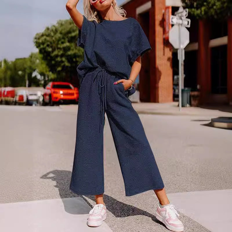 Solid Color Texture Casual Fashion Women's Wear Short-sleeved Trousers Two-piece Set -
