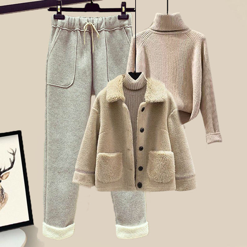 Lamb Wool Fur Sweater Casual Pants Three Piece Set Fashion Suit Women -