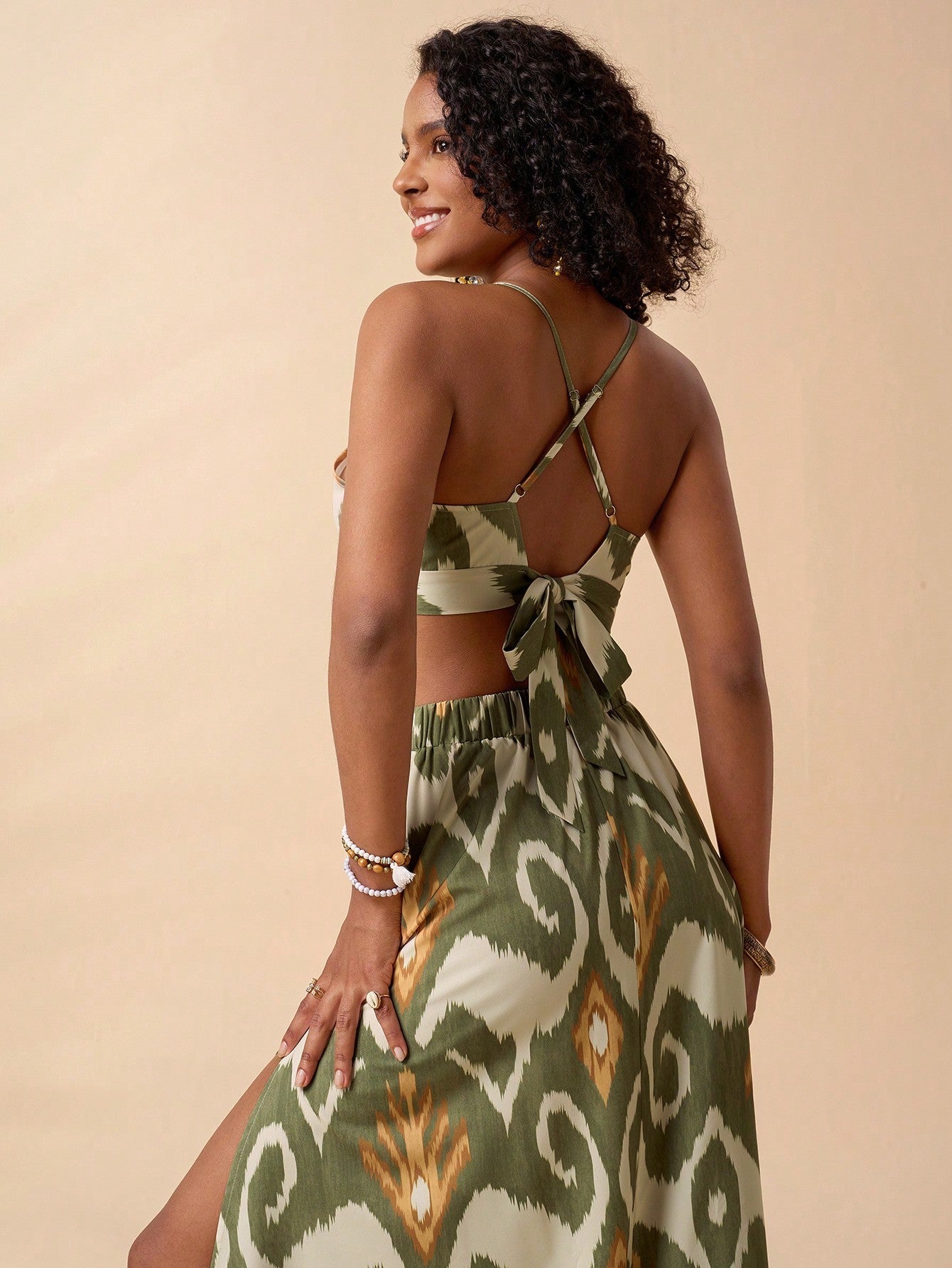 Tropical Print Tie Backless Cami Top & Split Thigh Skirt Two Piece Set -