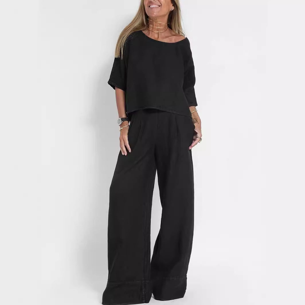 Women's Cotton And Linen Casual Cropped Sleeves Wide-leg Pants Suit -