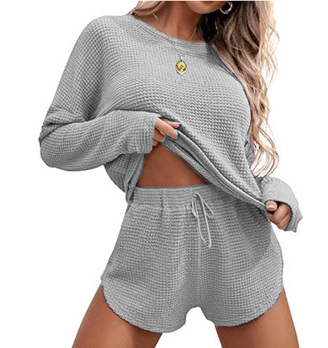 Women's Fashionable Simple Solid Color Waffle Knitted Pajama Set -