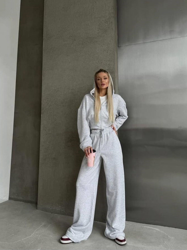 Long Sleeve Zipper Hooded Sweater Solid Color Laced Pants Two-piece Set -