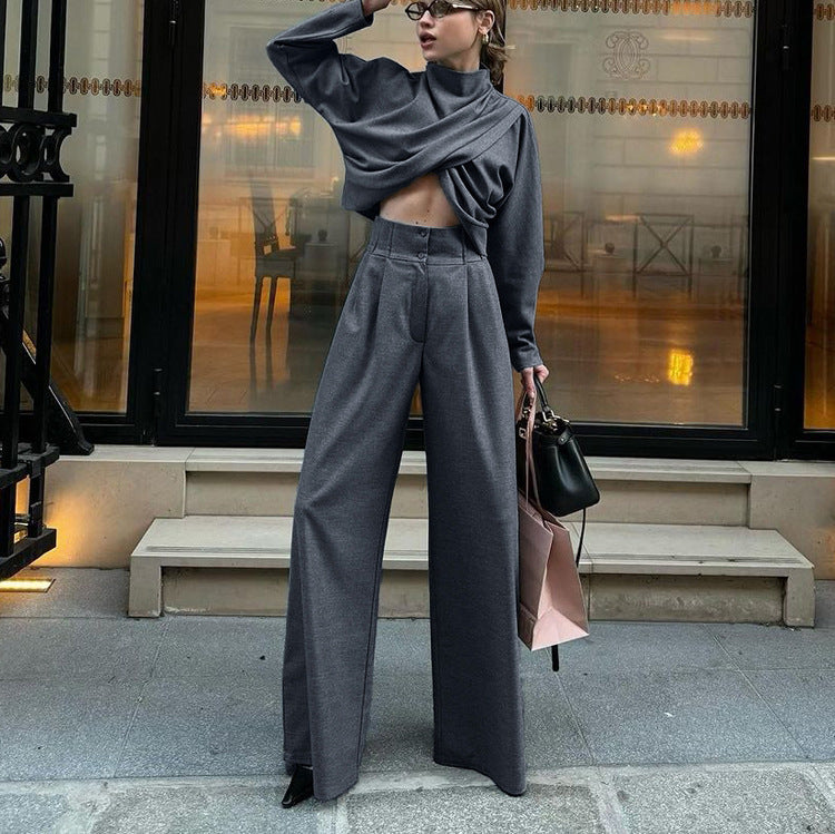 Small Turtleneck Cross Long Sleeves Top Casual Wide Leg Pants Two-piece Set -