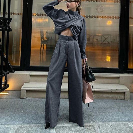 Small Turtleneck Cross Long Sleeves Top Casual Wide Leg Pants Two-piece Set -