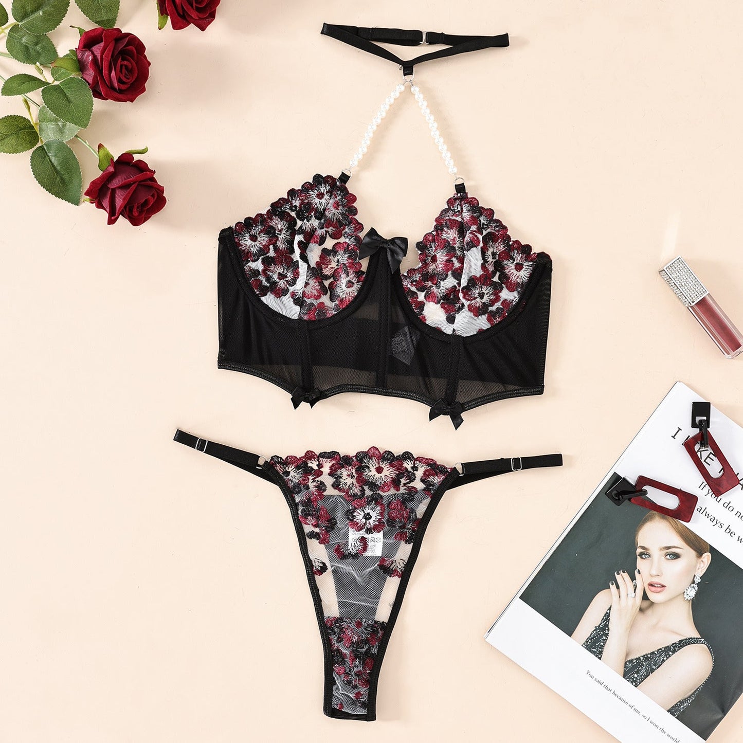 Flower Embroidery Halter Underwear Suit -