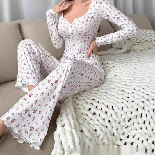 Small Floral Print Lettuce Edge Lace Collar Button Pajamas Suit -
