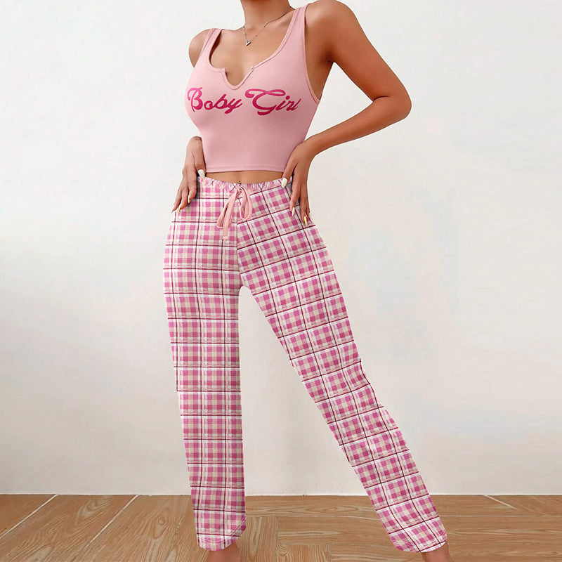 Spring Summer Women's Casual Pajamas Home Wear Vest Color Matching Plaid Trousers Letter Print Top Ladies 2 Pcs Home Clothes Sleepwear -