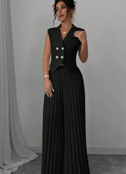 Summer Sleeveless Suit Fashion Lapel Button Vest Top And Pleated Straight Pants Women's Trousers Set Clothing JOJO Lingerie