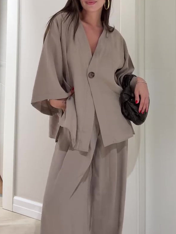 Solid Color Single Button Top And Pants Set -